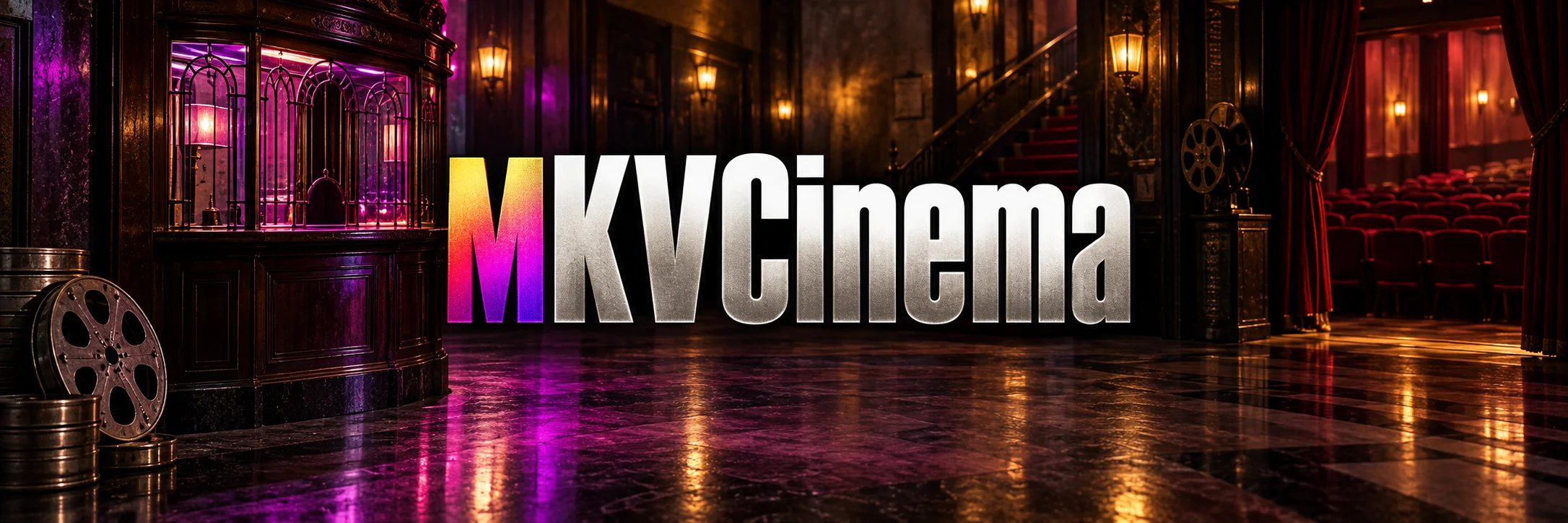 MKVCinema in silver lettering with a multicolour M, inside an original magenta-lit cinema foyer